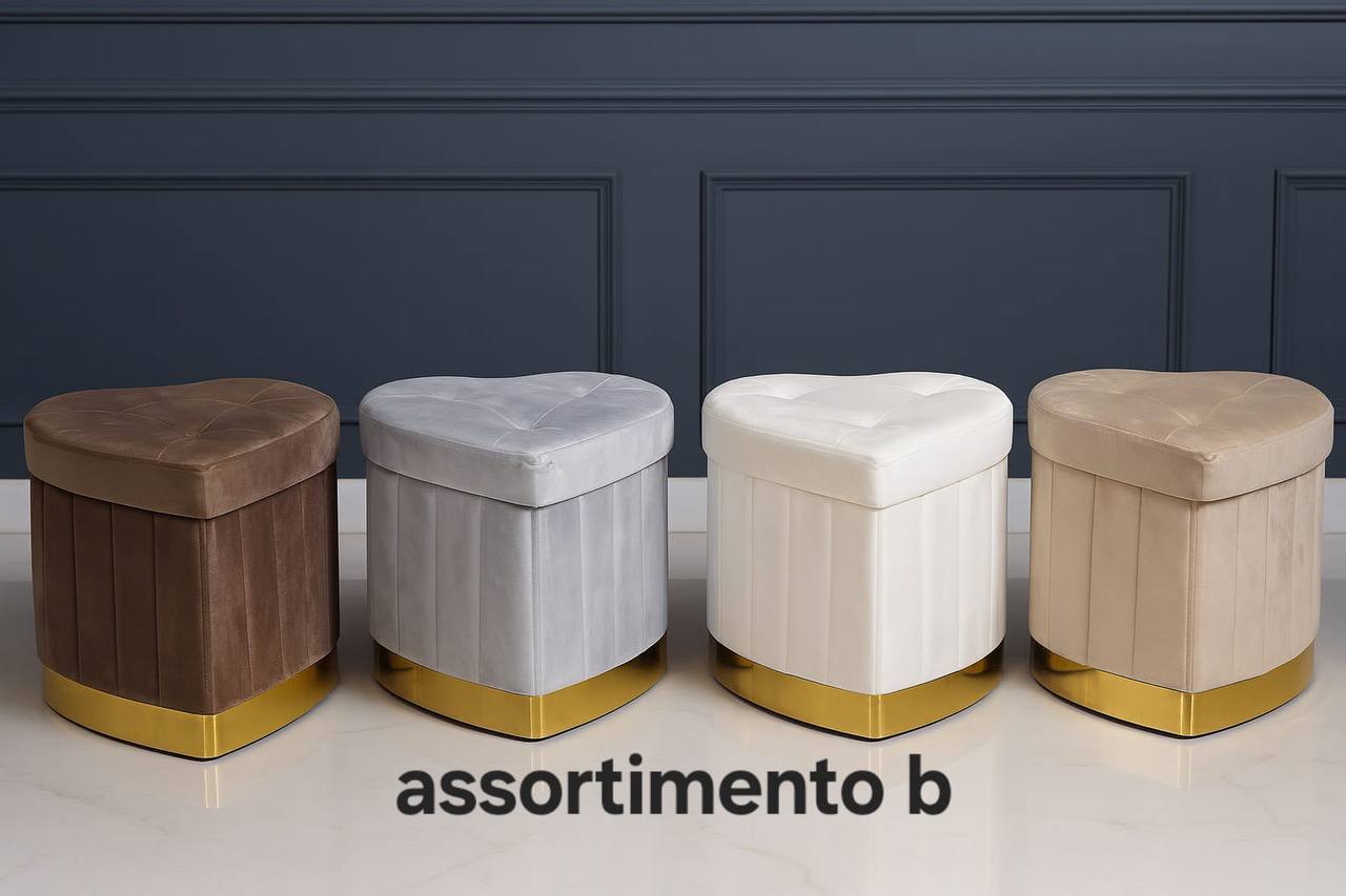 I nostri pouf in velluto contenitore a cuore sono il top! Colori super e base dorata. Perfetti per dare un tocco chic e pratico a casa tua! 💖