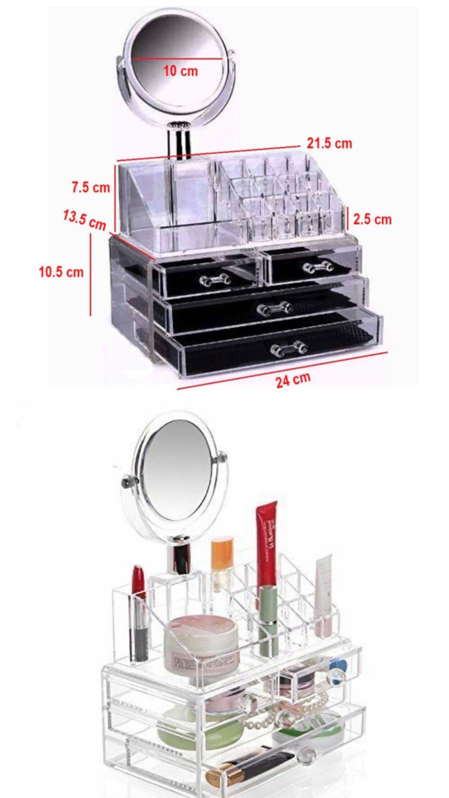 Organizer make-up trasparente. Ha 3 cassetti, scomparti e specchio. Base 24 cm.Zero disordine! π