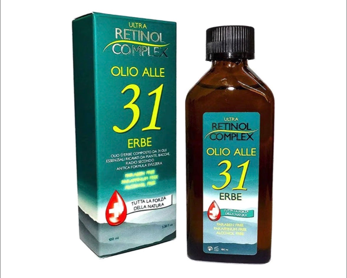Retinol Complex Olio alle 31 Erbe senza Parabeni, Paraffina e Alcohol utile contro Mal di Testa e dolori al corpo - 100ml