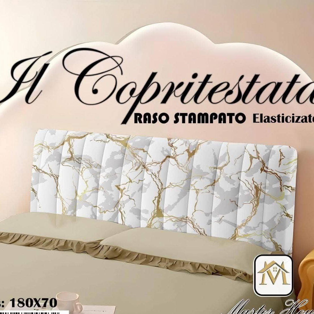 Copritestata in raso elasticizzato (180x70). Effetto marmo bianco/oro super chic! ✨ Rinnova il letto in un attimo.