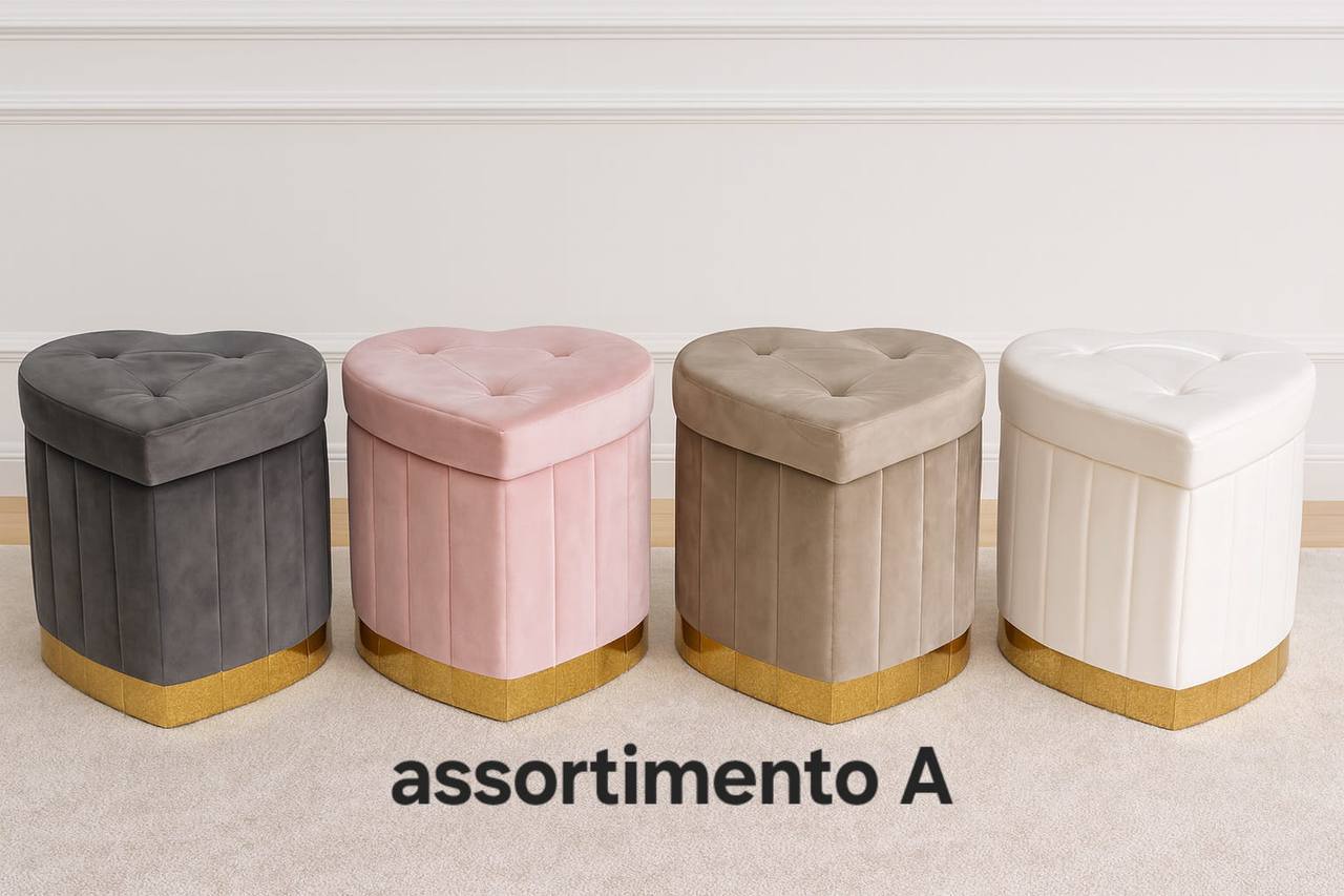 I nostri pouf in velluto contenitore a cuore sono il top! Colori super e base dorata. Perfetti per dare un tocco chic e pratico a casa tua! 💖
