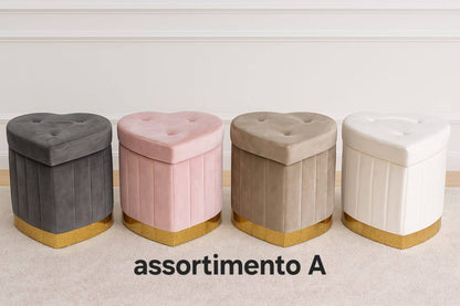 I nostri pouf in velluto contenitore a cuore sono il top! Colori super e base dorata. Perfetti per dare un tocco chic e pratico a casa tua! 💖