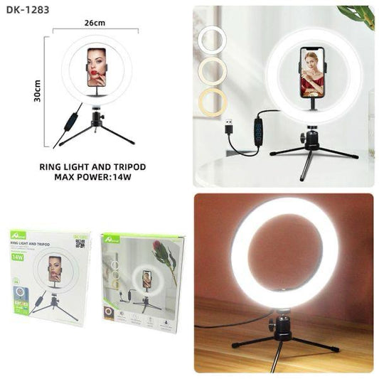 Ring Light DK-1283 con treppiede.
Diametro 26cm, Max Power 14W.
Treppiede incluso. Ottima per video e foto.