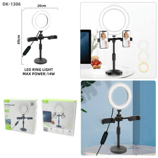 LED Ring Light DK-1306. Diametro 20cm, altezza 49cm, Max Power 14W.
Supporta due telefoni contemporaneamente.