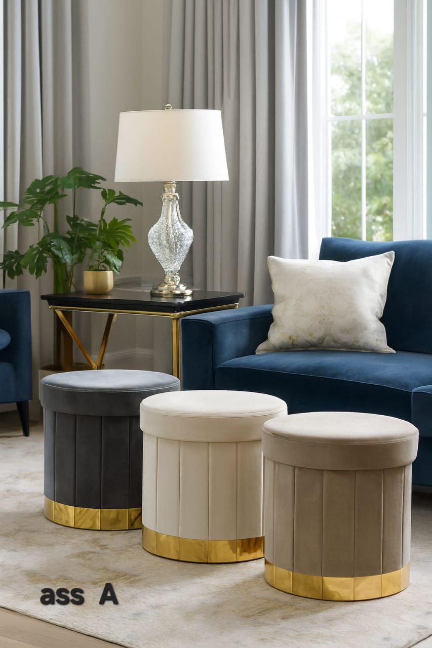Stile e ordine! 🤩 Questi pouf contenitore rotondi in velluto con base dorata aggiungono un tocco lussuoso al tuo salotto. Perfetti come seduta extra o per nascondere tutto. 🛋️✨