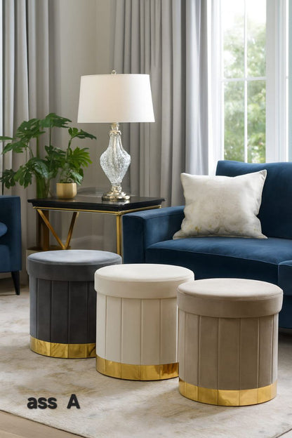 Stile e ordine! 🤩 Questi pouf contenitore rotondi in velluto con base dorata aggiungono un tocco lussuoso al tuo salotto. Perfetti come seduta extra o per nascondere tutto. 🛋️✨