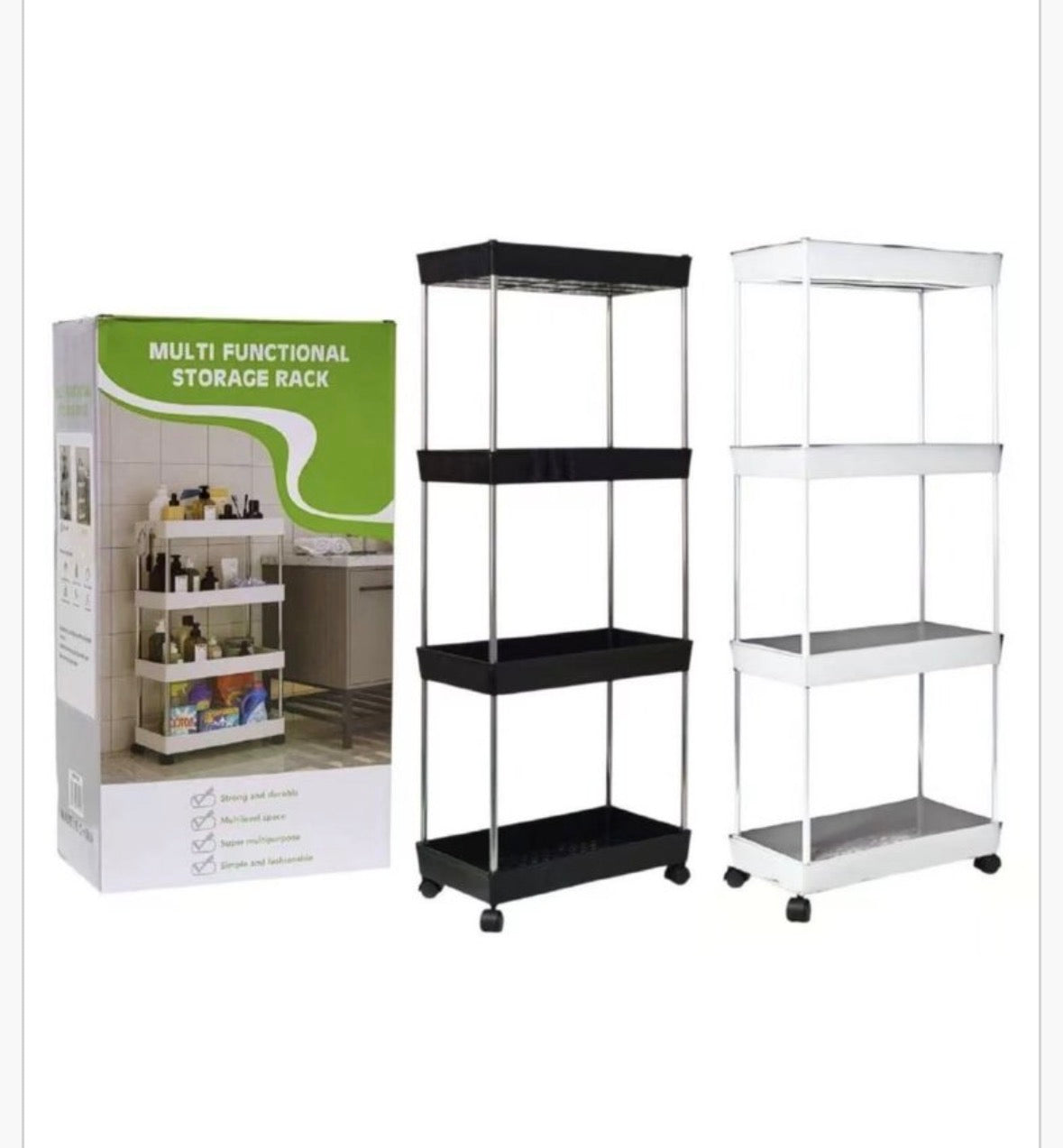 Scaffale a 4 ripiani con rotelle, perfetto per organizzare spazi piccoli come bagno, cucina o studio. È disponibile in bianco e nero.