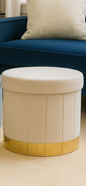 Stile e ordine! 🤩 Questi pouf contenitore rotondi in velluto con base dorata aggiungono un tocco lussuoso al tuo salotto. Perfetti come seduta extra o per nascondere tutto. 🛋️✨