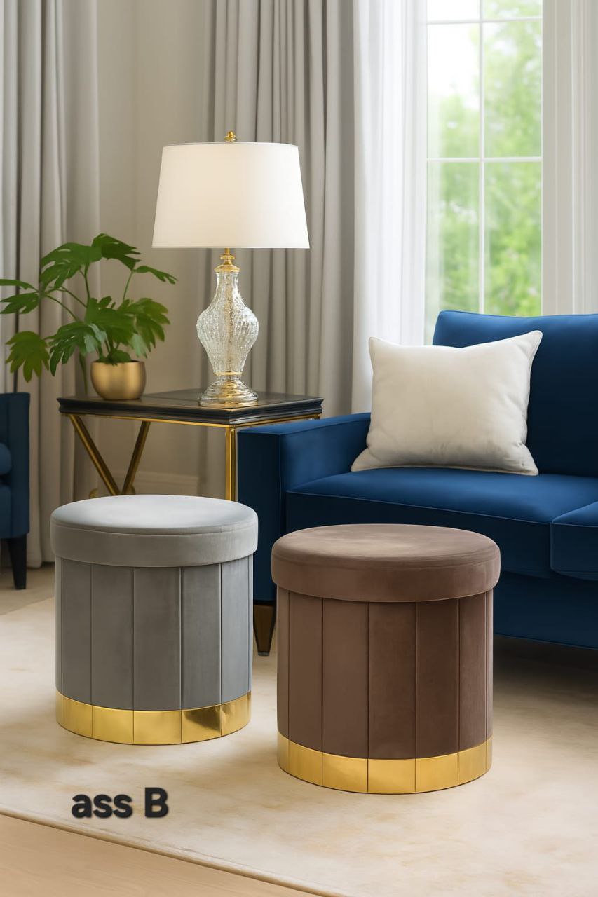 Stile e ordine! 🤩 Questi pouf contenitore rotondi in velluto con base dorata aggiungono un tocco lussuoso al tuo salotto. Perfetti come seduta extra o per nascondere tutto. 🛋️✨